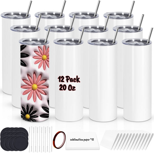 20 Oz Sublimation Tumblers Bulk, Sublimation Blank Tumbler, Stainless Steel Double Wall Insulated Sublimation Cups with Lid and straw, Individually Box (12 Pack)